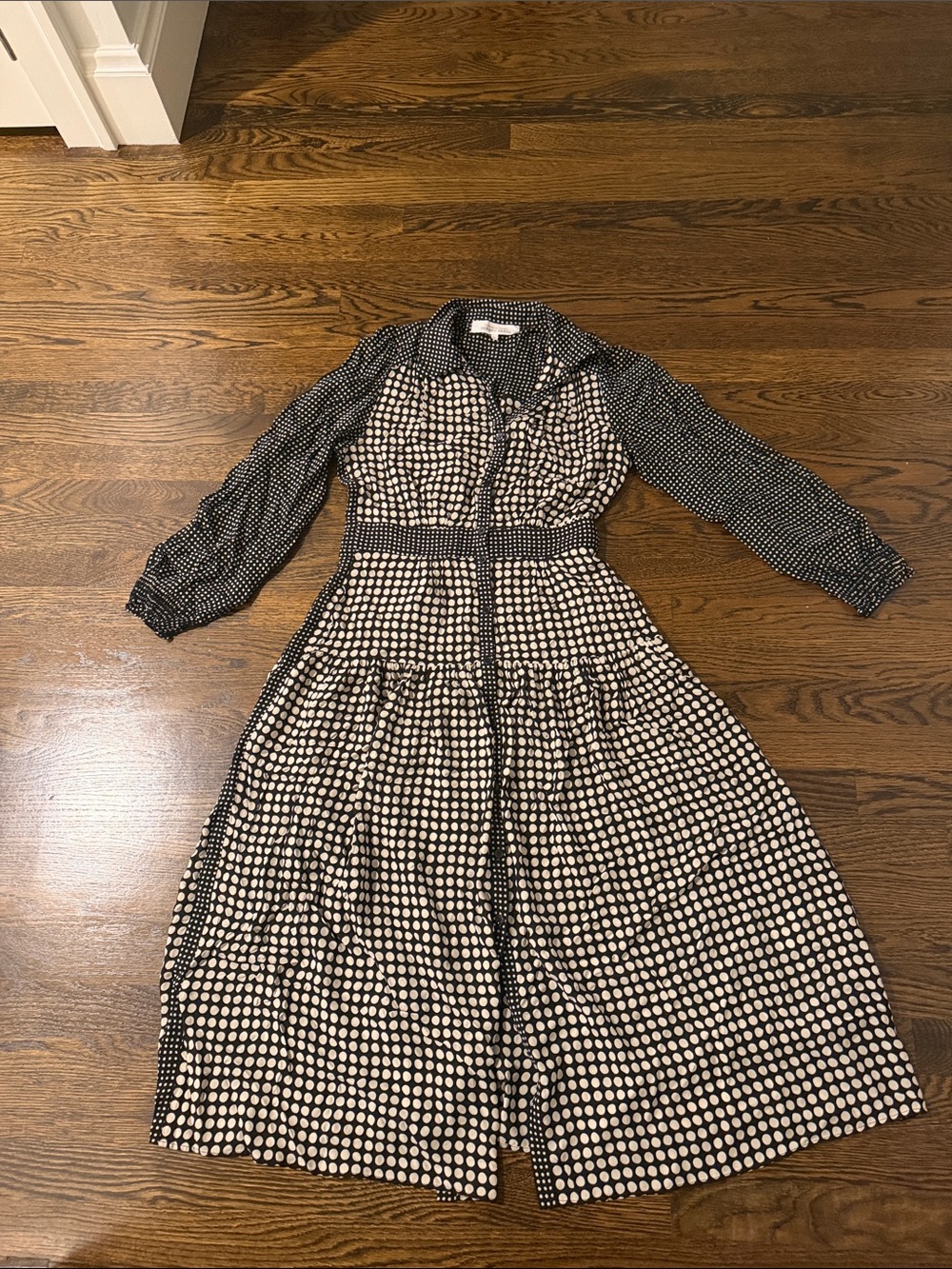 Black and White Polka Dot Long Sleeve Midi Dress